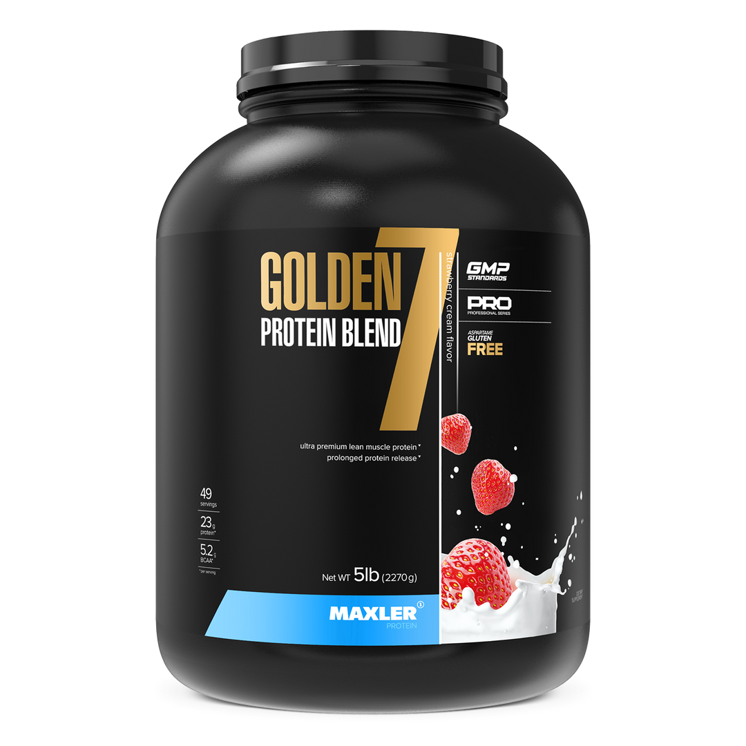 Black container of Golden 7 Protein Blend with MAXLER branding on a white background