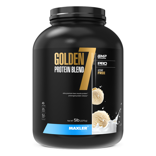 Black container of Golden Protein Blend 7 by Maxler on a white background