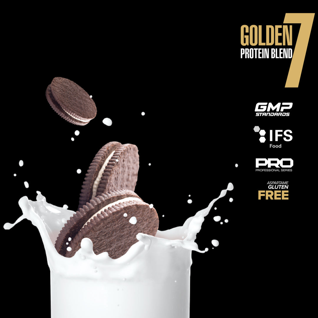 Chocolate cookies falling into a glass of milk with 'Golden 7 Protein Blend' branding on a black background.