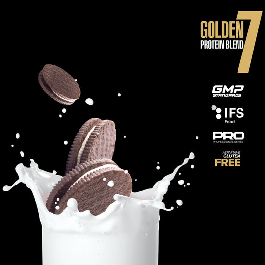Chocolate cookies falling into a glass of milk with 'Golden 7 Protein Blend' branding on a black background.