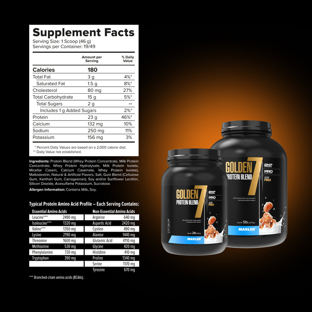 Two containers of Golden 7 protein powder with supplement facts on a black background