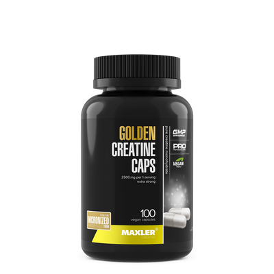 Black supplement bottle labeled 'Golden Creatine Caps' by Maxler on a white background