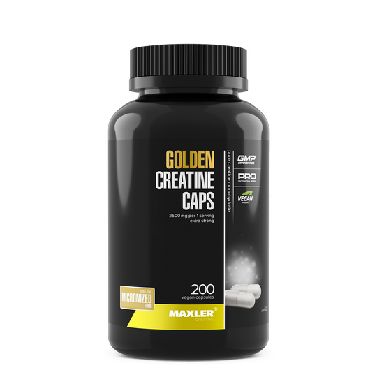 Black supplement bottle labeled 'Golden Creatine Caps' by Maxler on a white background