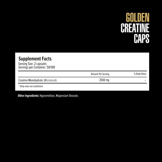 Supplement facts label for Golden Creatine Caps on a black background