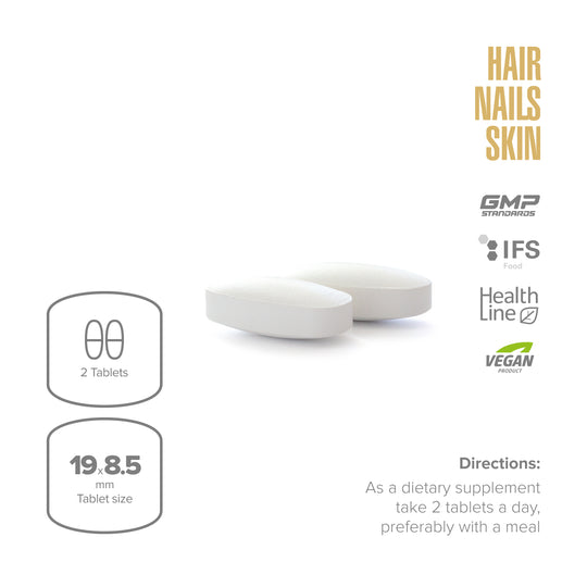 Supplement tablets with size and dietary information on a white background