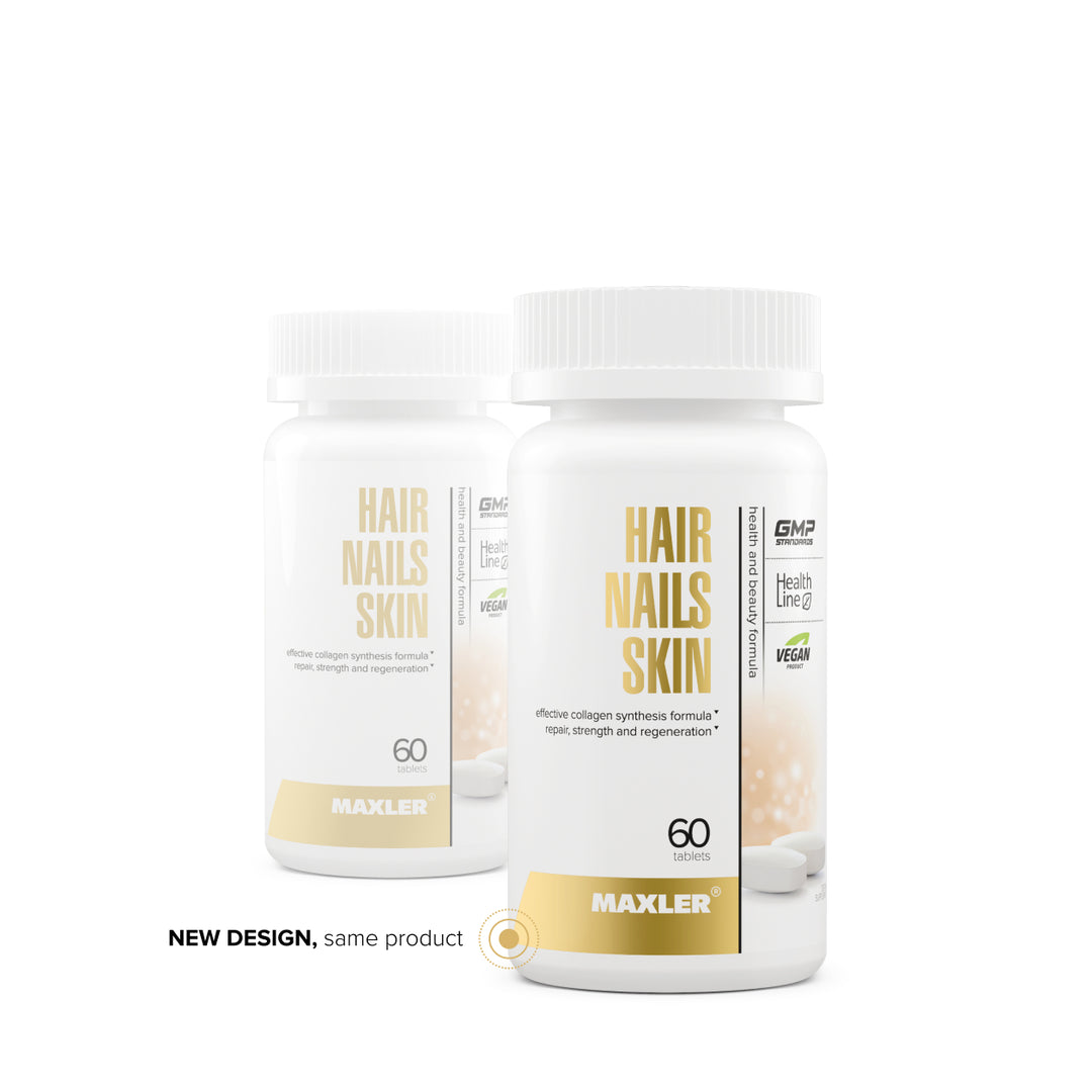Two bottles of Maxler Hair Nails Skin supplement on a white background