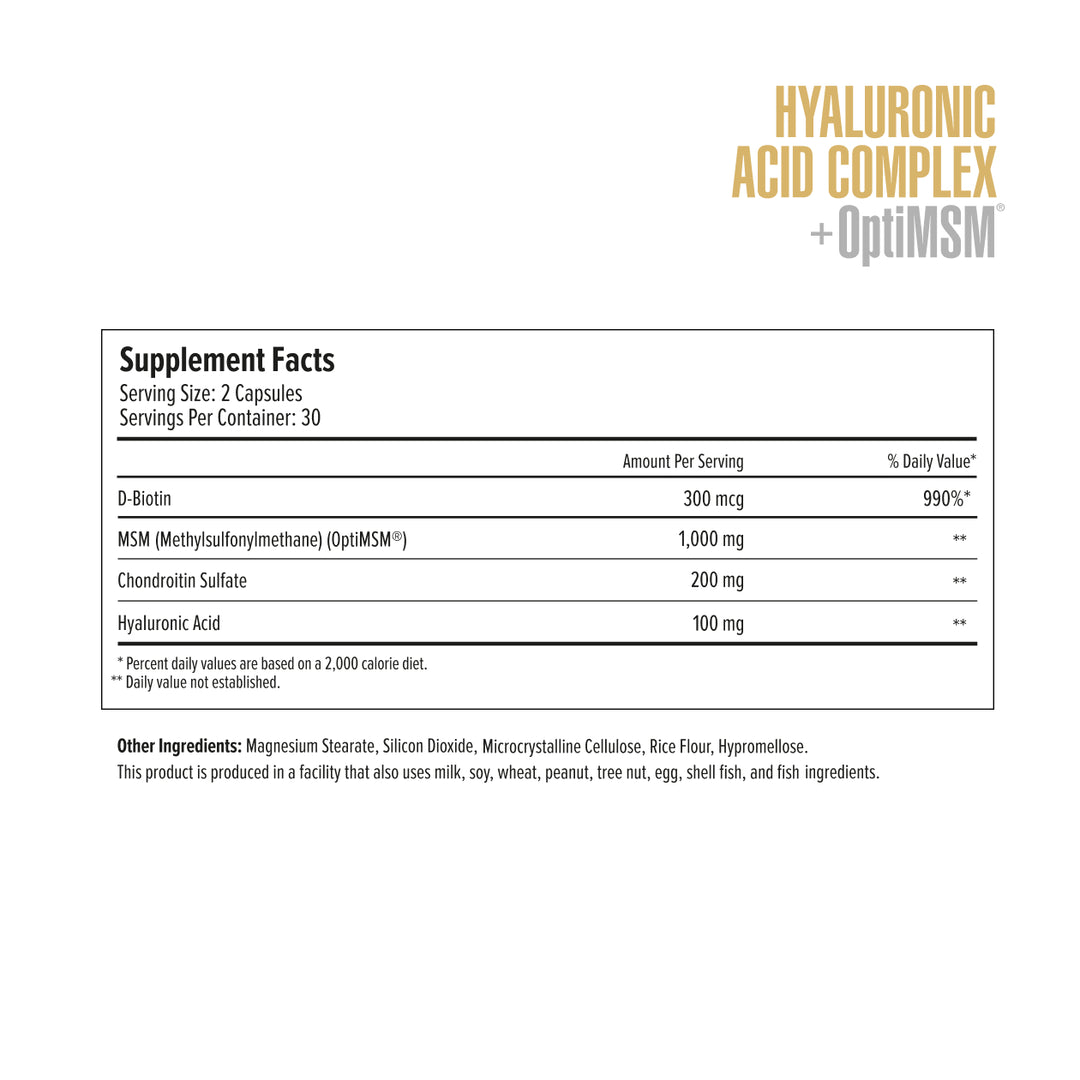 Supplement facts label for Hyaluronic Acid Complex with OptiMSM on a white background