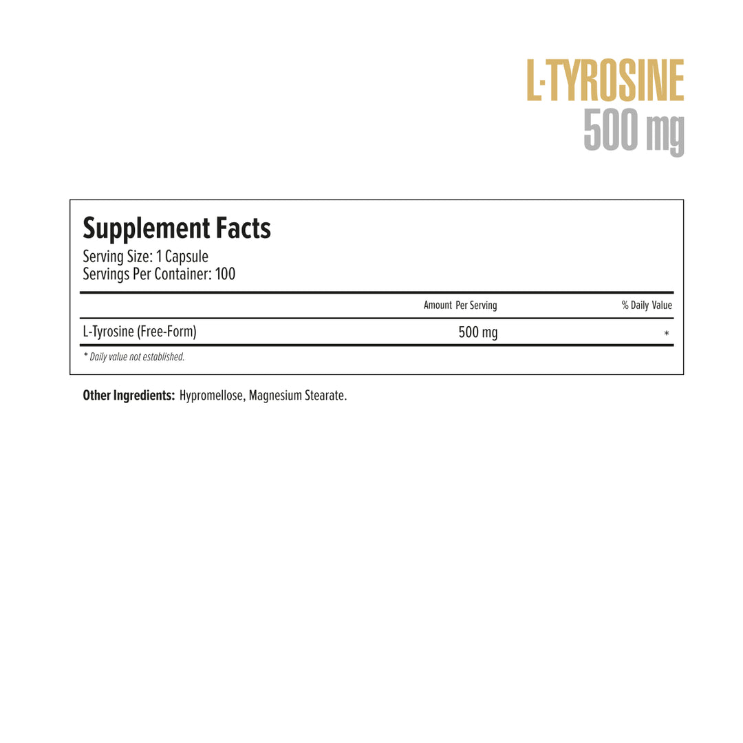Supplement label for L-Tyrosine 500 mg on a white background