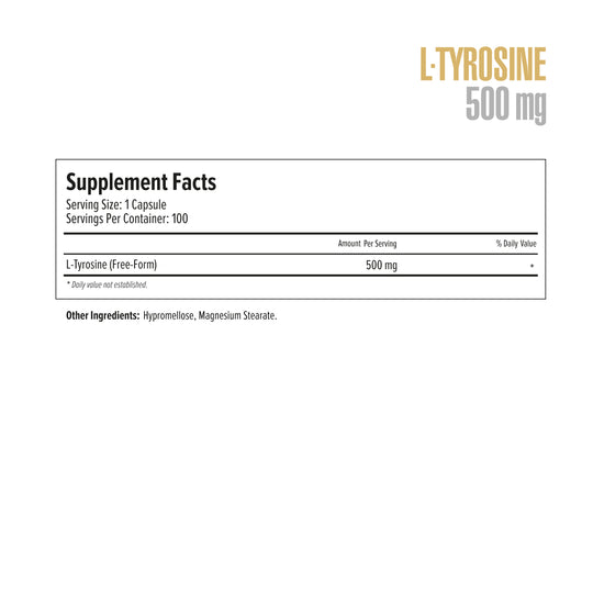 Supplement label for L-Tyrosine 500 mg on a white background