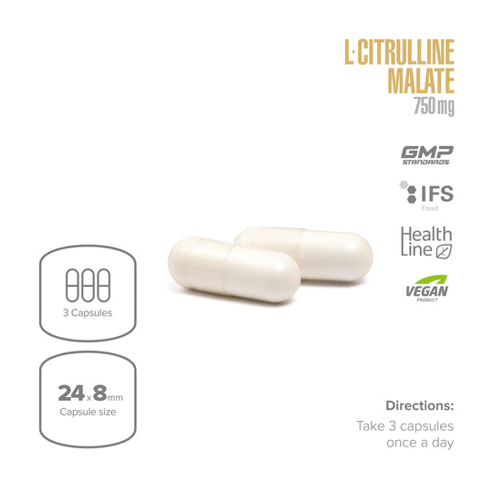 Two capsules of L-Citrulline Malate 750 mg with product details on a white background