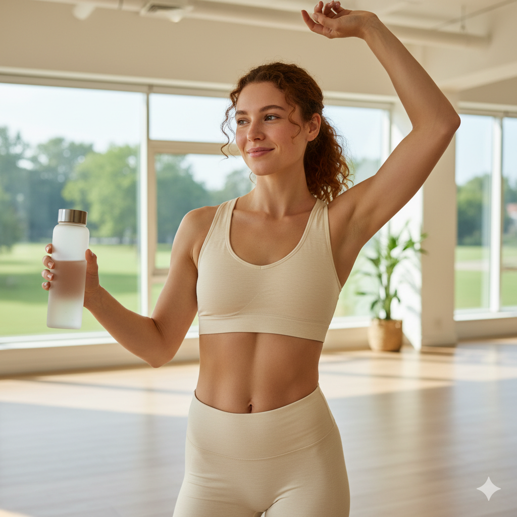 A fit, happy young woman standing in a bright yoga studio after a workout, smiling confidently and radiating calm energy. She wears light athletic clothing and looks refreshed and energized, symbolizing the natural vitality and stress relief supported by Maxler MACA 750.