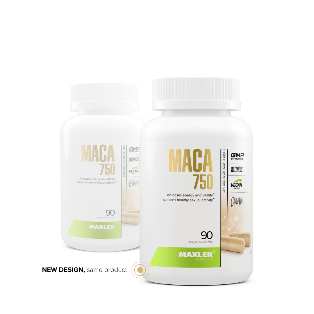 Two bottles of Maxler Maca 750 supplement on a white background