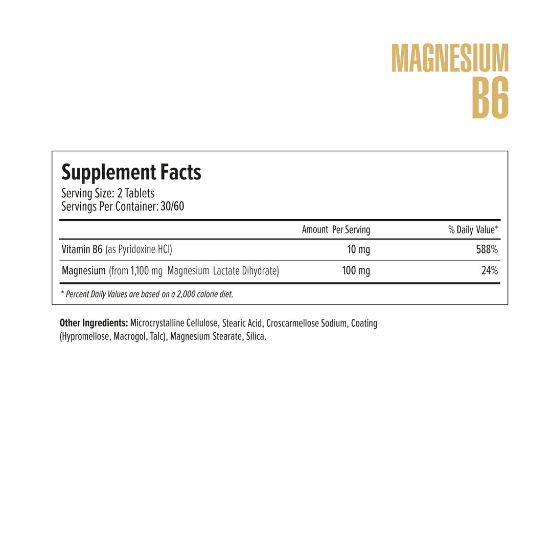 Supplement facts label for Magnesium B6 on a white background