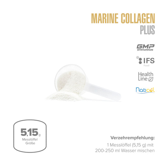 Marine Collagen Plus packaging with a scoop on a white background