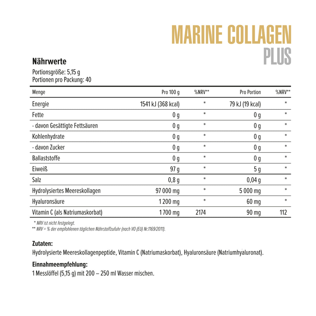 Nutritional information for Marine Collagen Plus on a white background