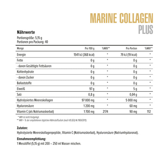 Nutritional information for Marine Collagen Plus on a white background