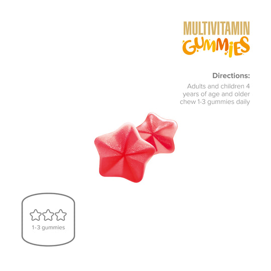 Red multivitamin gummies with usage instructions on a white background