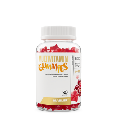 Multivitamin gummies container with red gummy bears on a white background