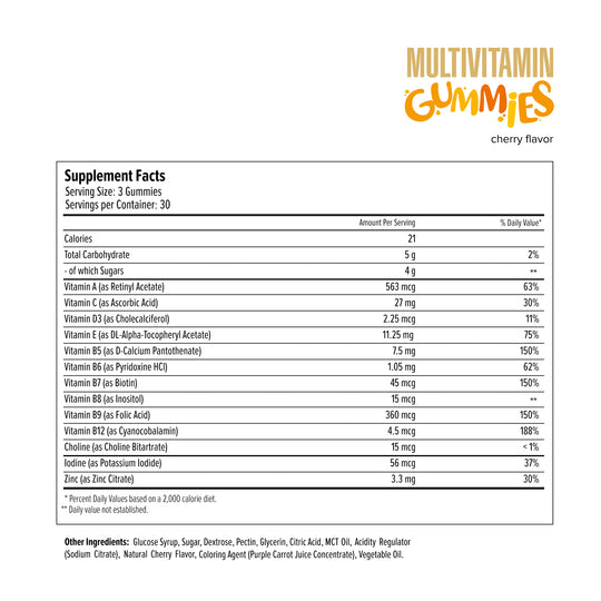 Multivitamin gummies supplement facts label with cherry flavor on a white background
