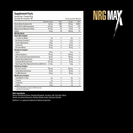 Supplement facts label for NRG MAX with detailed ingredient list on a white background.