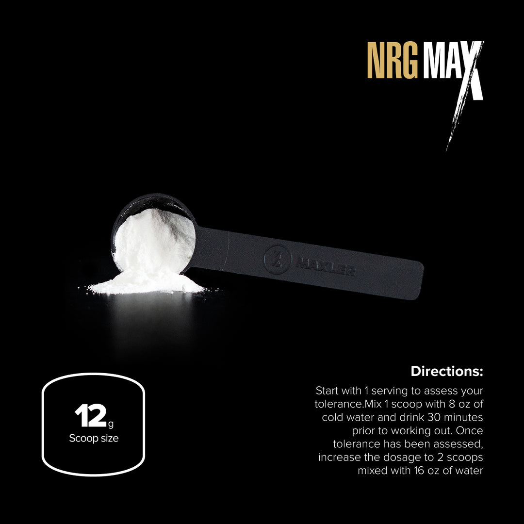 NRG MAX supplement with scoop and powder on a black background