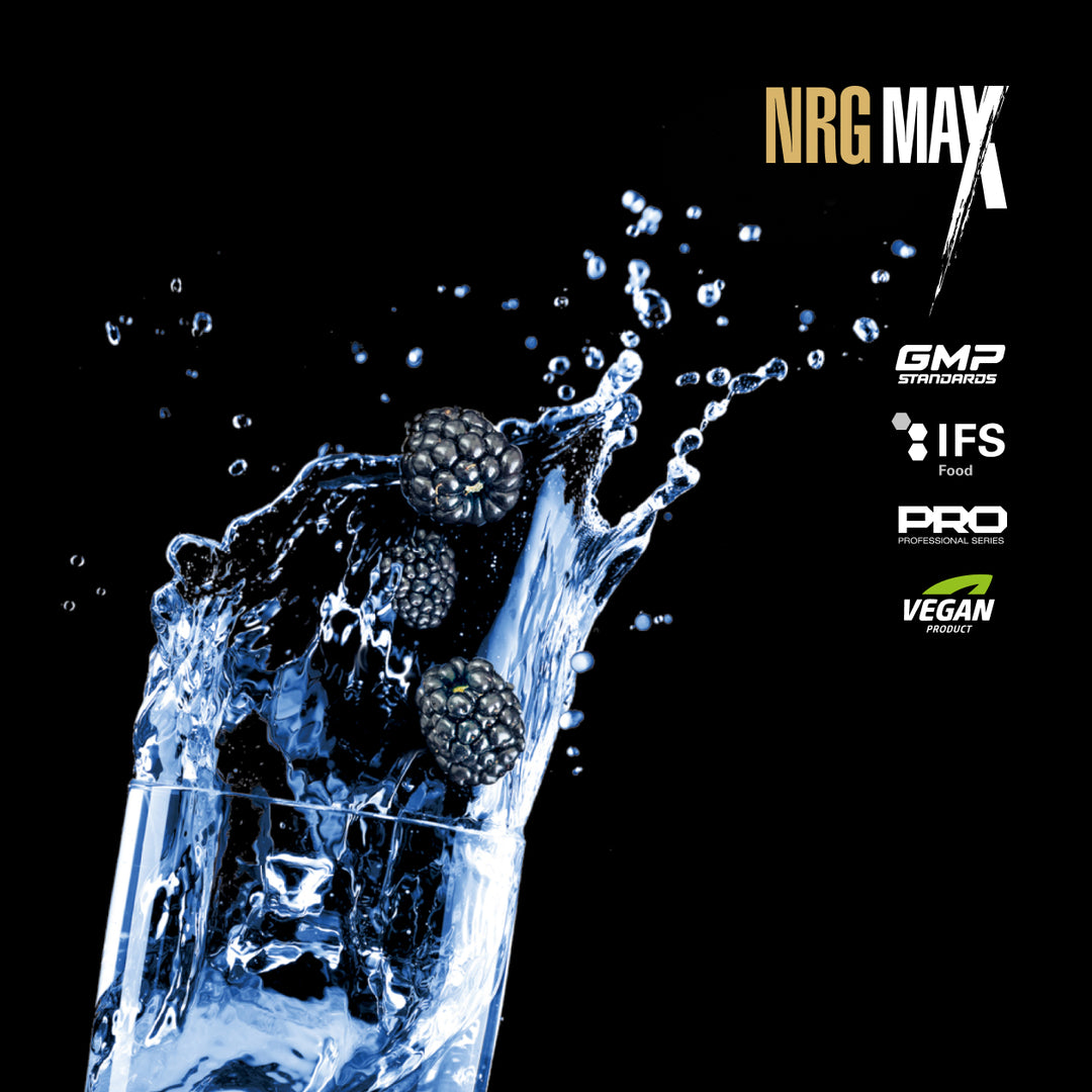 Glass of water with raspberries splashing into it, featuring NRG MAX branding and certification logos on a black background.