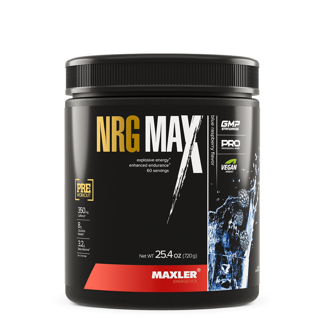 Maxler NRG MAX supplement container on a white background. Raspberry