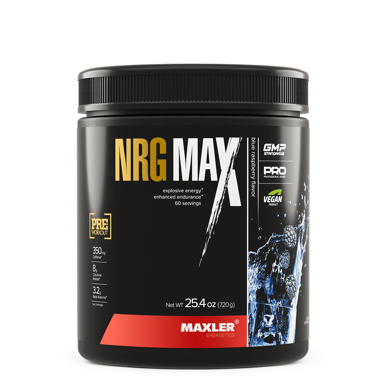 Maxler NRG MAX supplement container on a white background. Raspberry