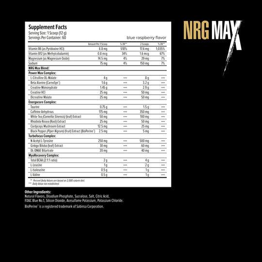 Supplement facts label for NRG Max with detailed ingredient list on a black background