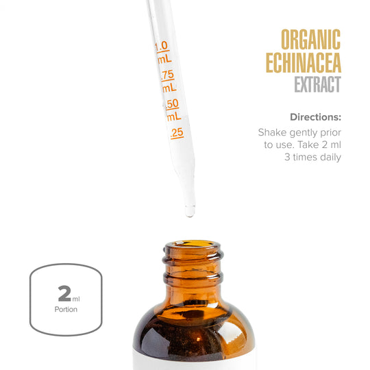 Amber glass dropper bottle with organic echinacea extract on a white background