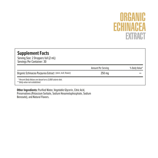 Supplement facts label for Organic Echinacea Extract on a white background