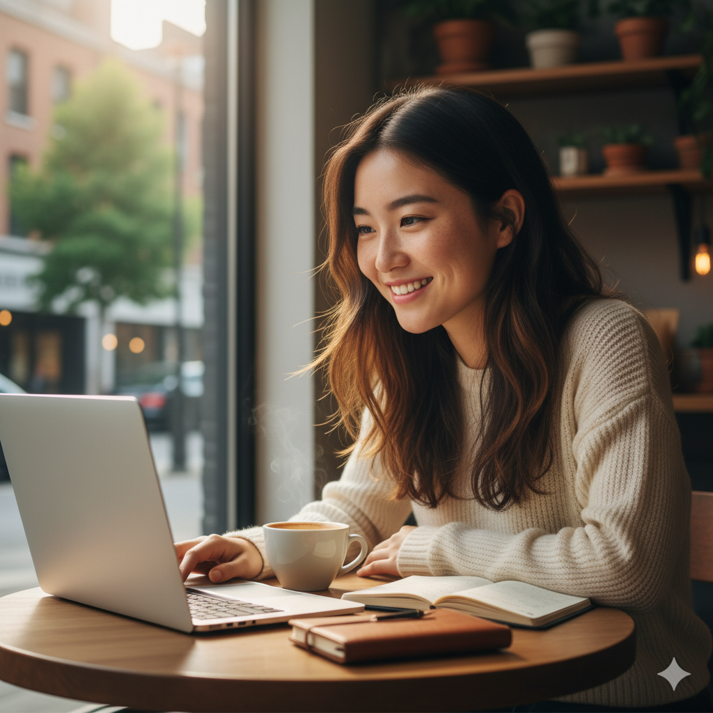 Woman using a laptop in a cozy cafe setting