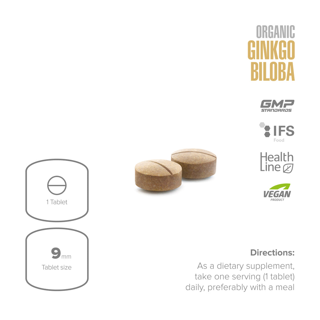 Two tablets with organic ginkgo biloba label and certification logos on a white background