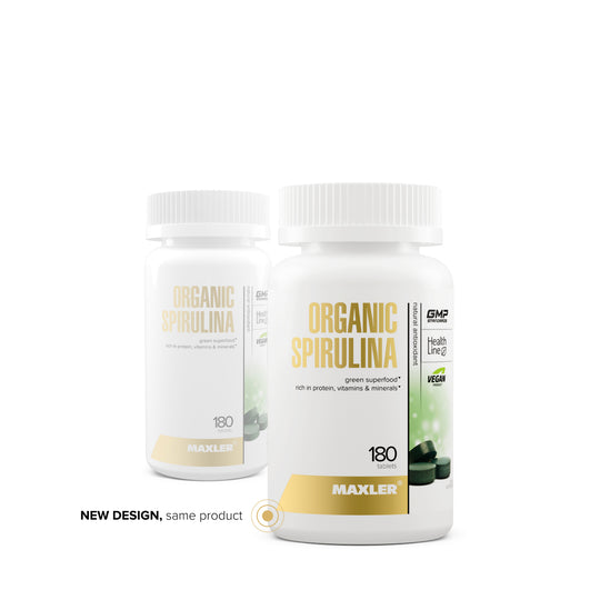 Two bottles of Maxler Organic Spirulina on a white background