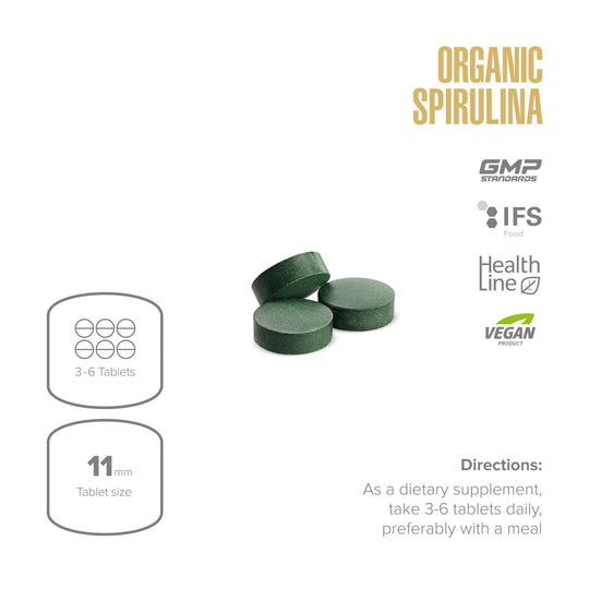 Green spirulina tablets with certification logos and dietary supplement information on a white background