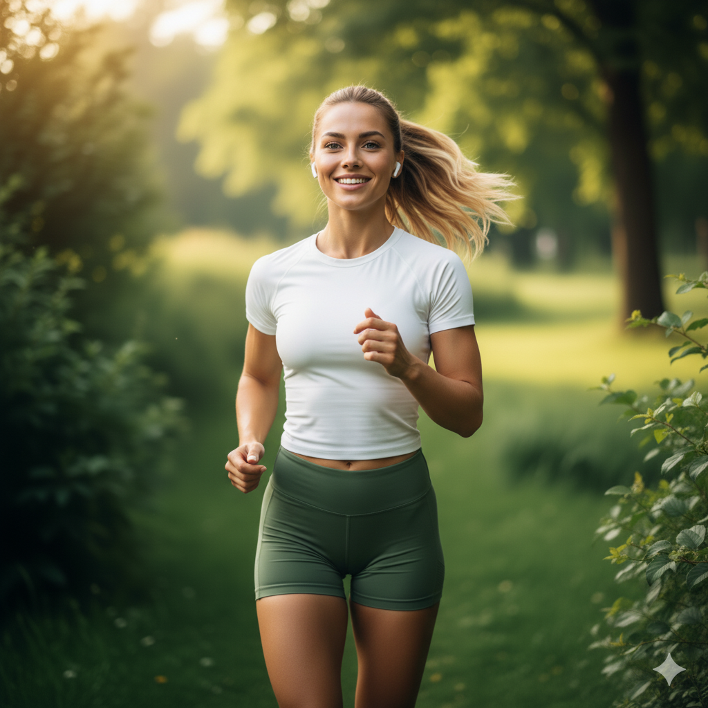 Woman running in a park with greenery in the background