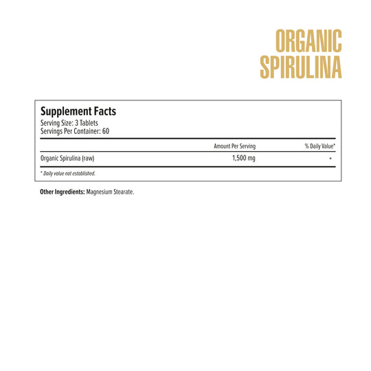 Supplement label for Organic Spirulina with ingredient and serving information.