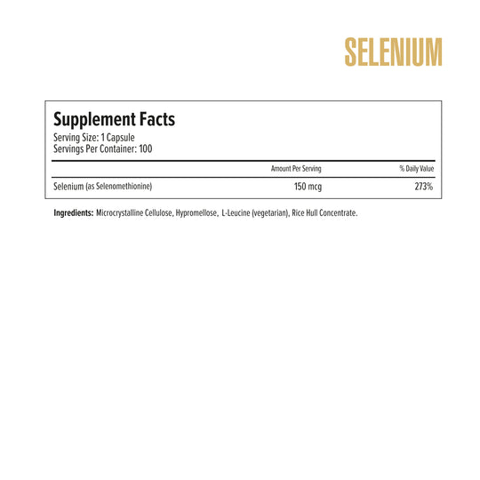 Supplement label for selenium with serving size, servings per container, and ingredient list on a white background.