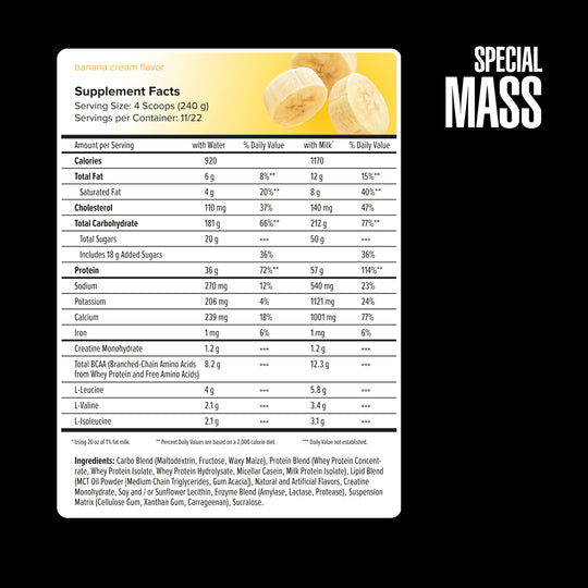 Nutrition label for a supplement with 'Special Mass' branding on a black background