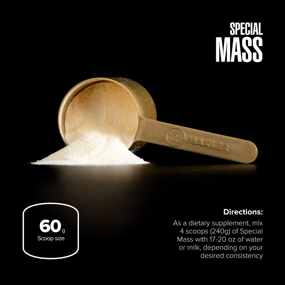 Gold scoop with Special Mass powder on a black background