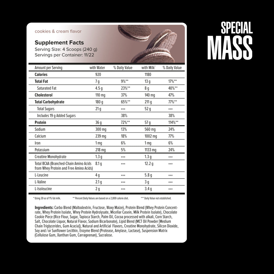 Supplement label for 'Special Mass' protein powder with detailed nutritional information.