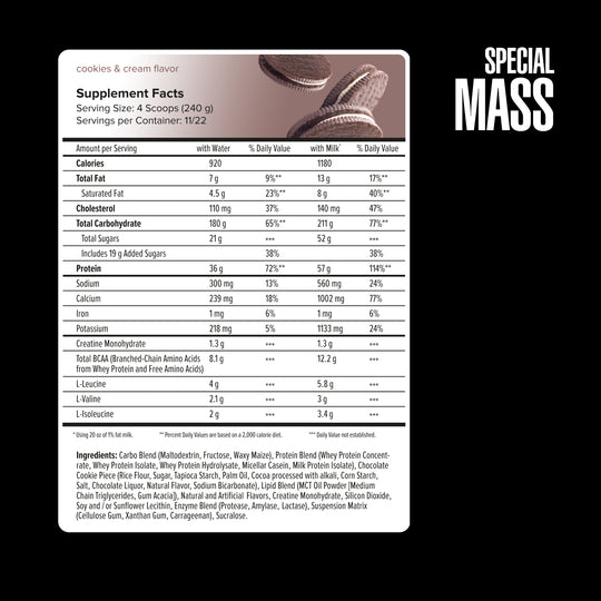 Supplement label for 'Special Mass' protein powder with detailed nutritional information.