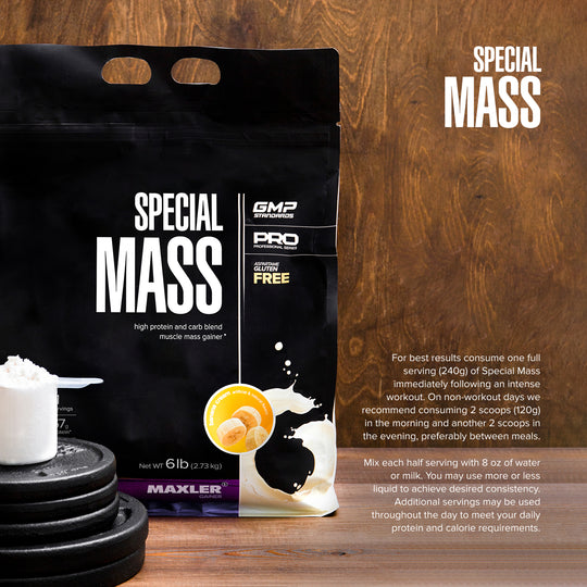 Maxler Special Mass supplement package on a wooden surface with nutritional information.