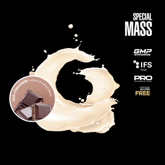 Special Mass product with chocolate flavor indication on a black background