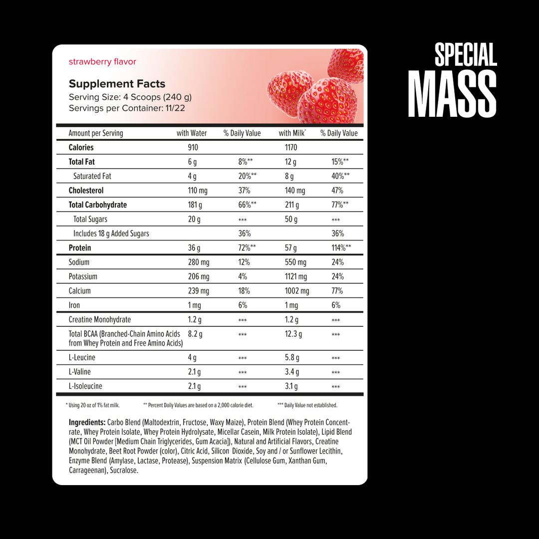 Supplement label with strawberry flavor information on a black background