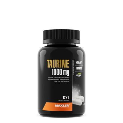 Black supplement bottle labeled 'Taurine 1000 mg' by Maxler on a white background