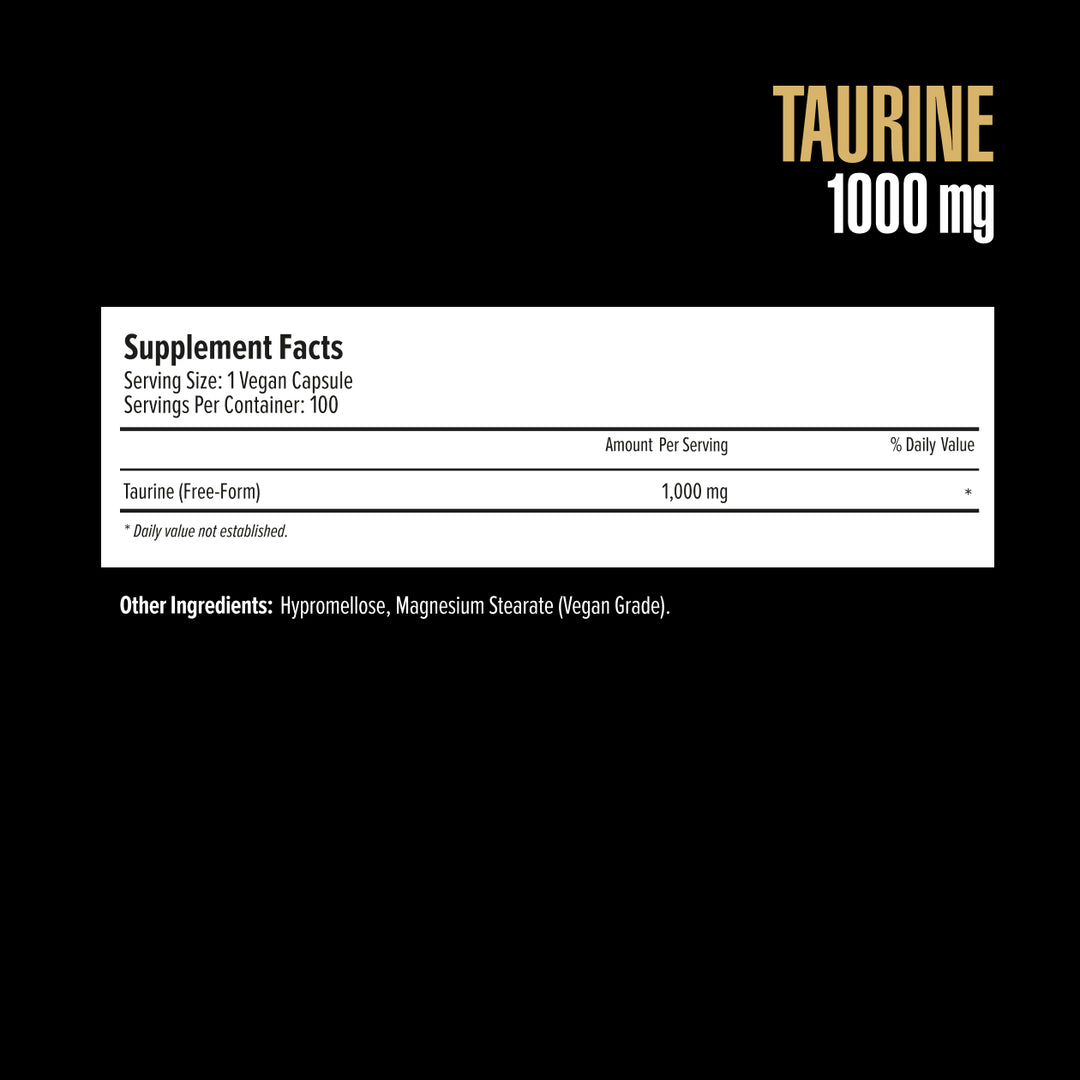 Supplement label for Taurine 1000 mg on a black background