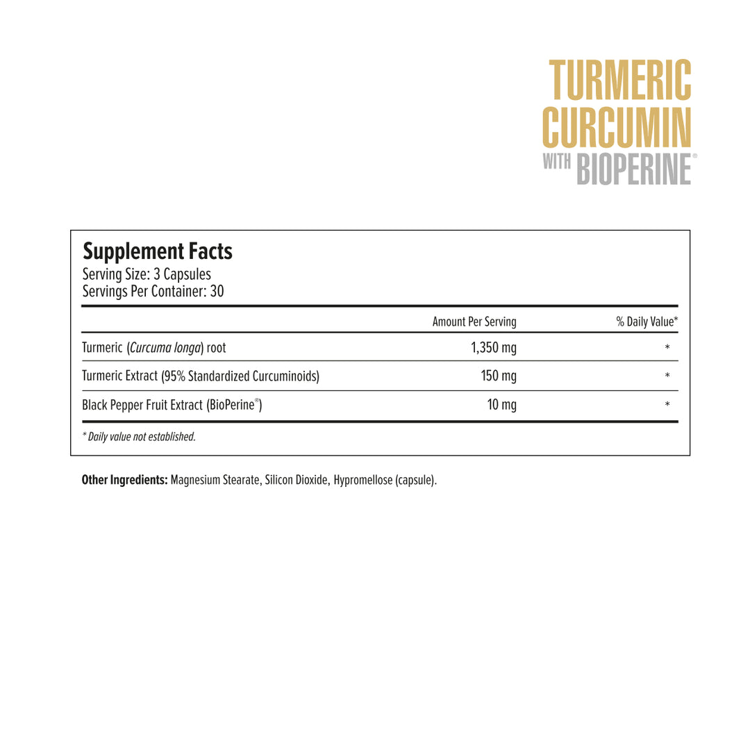 Supplement label for Turmeric Curcumin with Bioperine on a white background