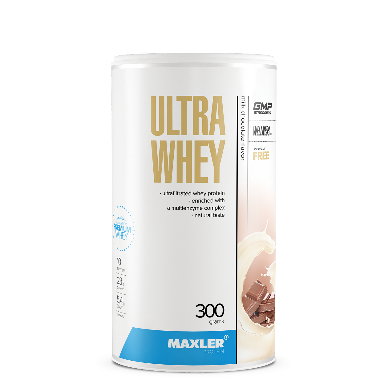 Maxler Ultra Whey protein powder container on a white background