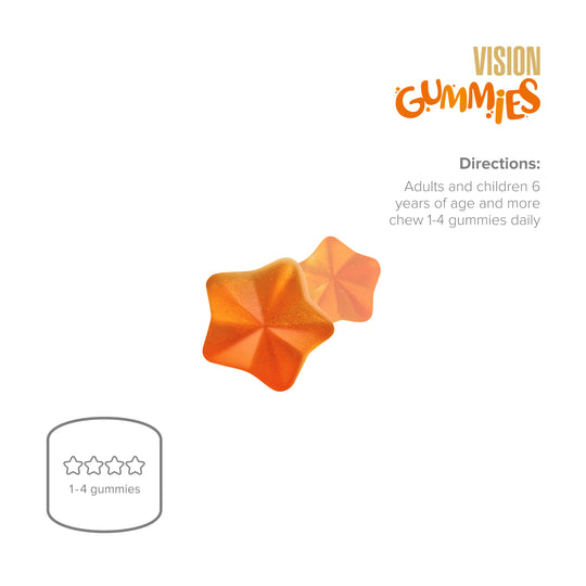 Vision Gummies packaging with two orange gummy bears on a white background.